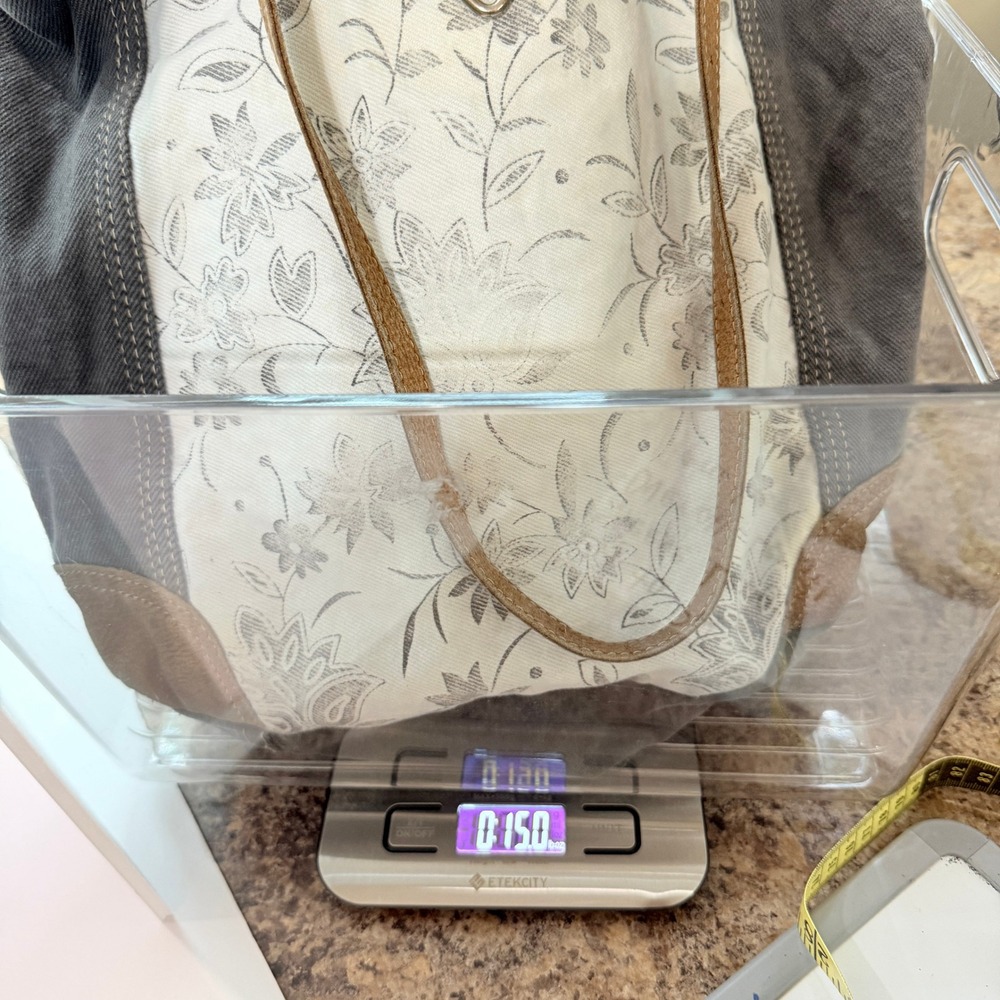 Myra Bag Floral Canvas Leather Tote Shoulder Bag Grey Boho Abstract Key S-1456 - Picture 10 of 11